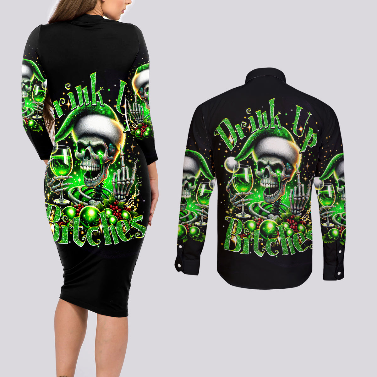 Christmas Skull Couples Matching Long Sleeve Bodycon Dress and Long Sleeve Button Shirt Drink Up Bitches - Wonder Print Shop