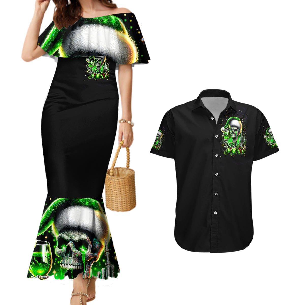 Christmas Skull Couples Matching Mermaid Dress and Hawaiian Shirt Drink Up Bitches - Wonder Print Shop