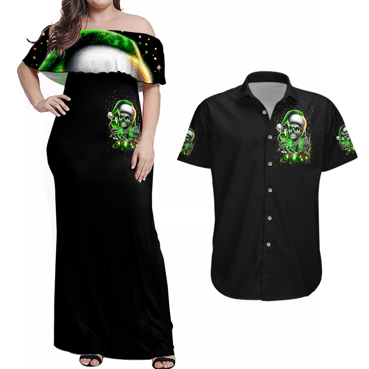 Christmas Skull Couples Matching Off Shoulder Maxi Dress and Hawaiian Shirt Drink Up Bitches - Wonder Print Shop