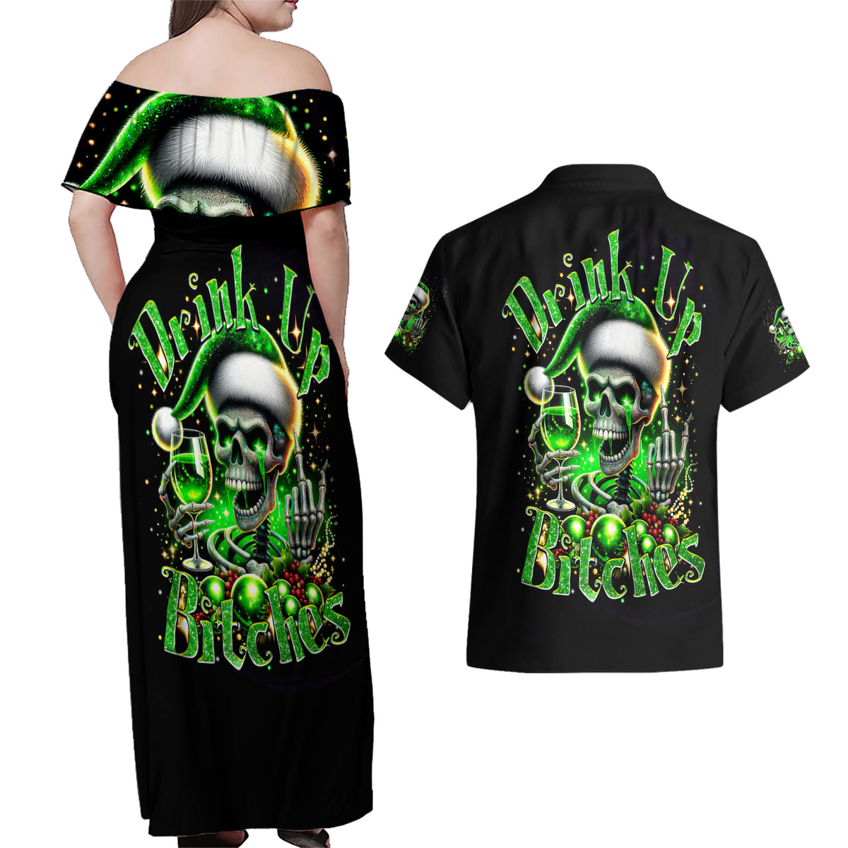 Christmas Skull Couples Matching Off Shoulder Maxi Dress and Hawaiian Shirt Drink Up Bitches - Wonder Print Shop