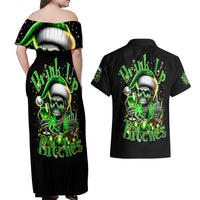 Christmas Skull Couples Matching Off Shoulder Maxi Dress and Hawaiian Shirt Drink Up Bitches - Wonder Print Shop