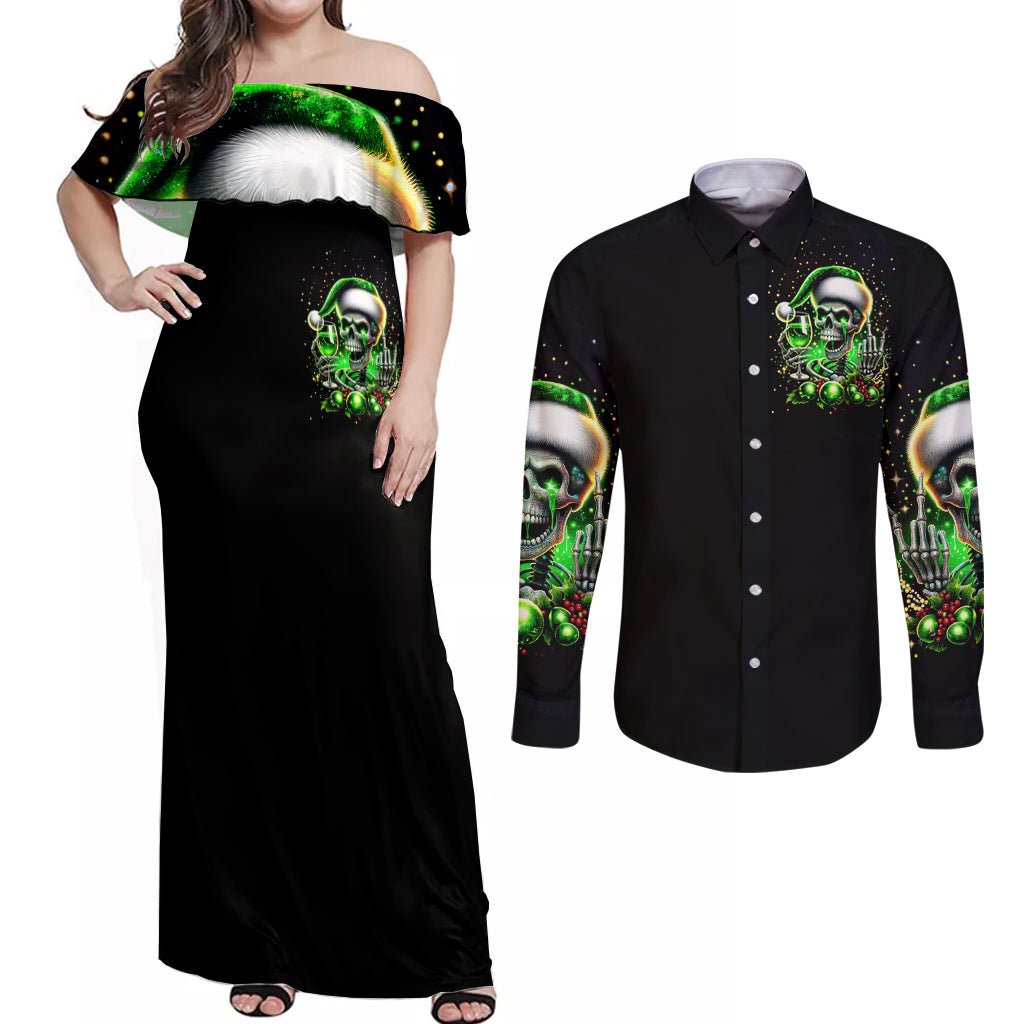 Christmas Skull Couples Matching Off Shoulder Maxi Dress and Long Sleeve Button Shirt Drink Up Bitches - Wonder Print Shop