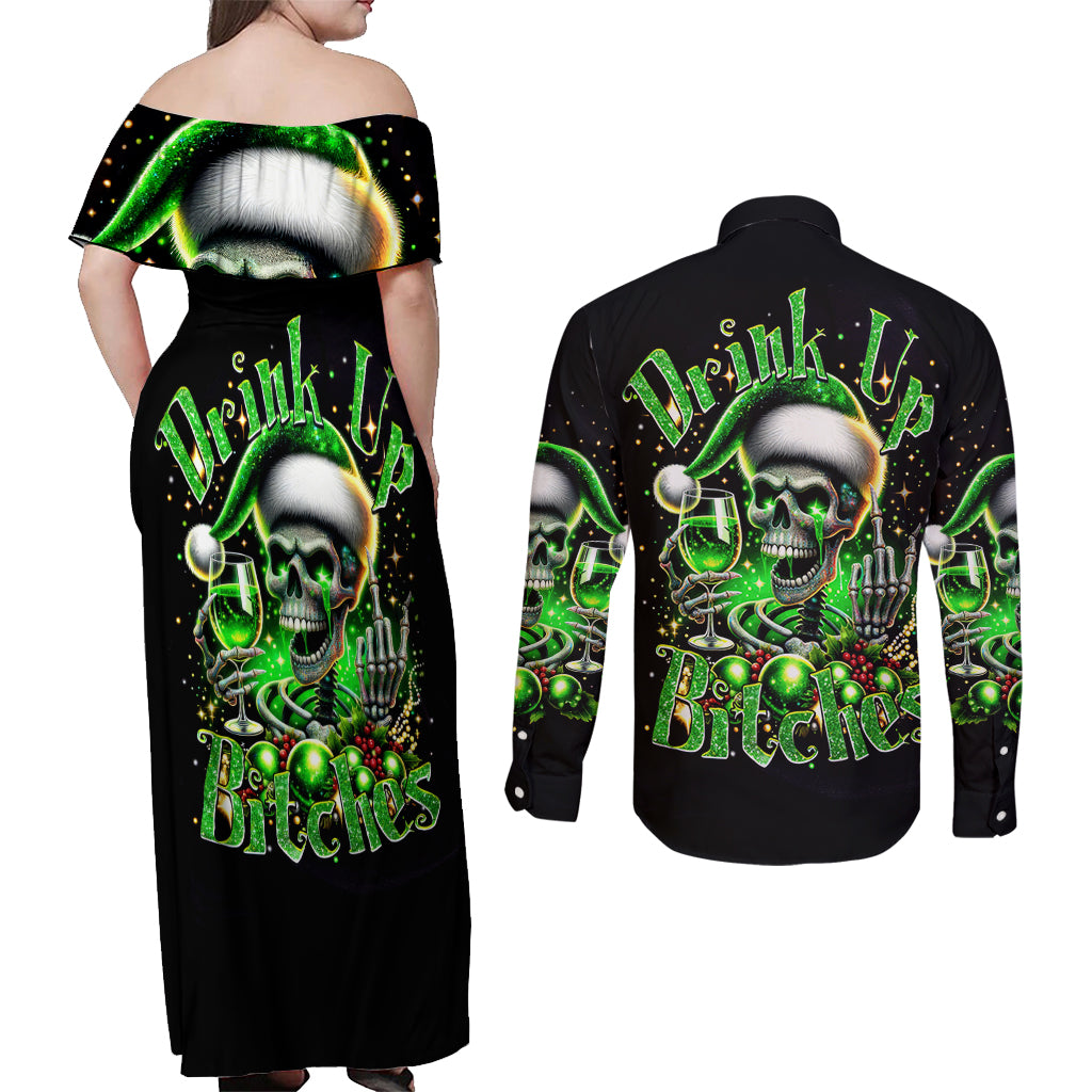 Christmas Skull Couples Matching Off Shoulder Maxi Dress and Long Sleeve Button Shirt Drink Up Bitches - Wonder Print Shop
