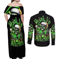 Christmas Skull Couples Matching Off Shoulder Maxi Dress and Long Sleeve Button Shirt Drink Up Bitches - Wonder Print Shop