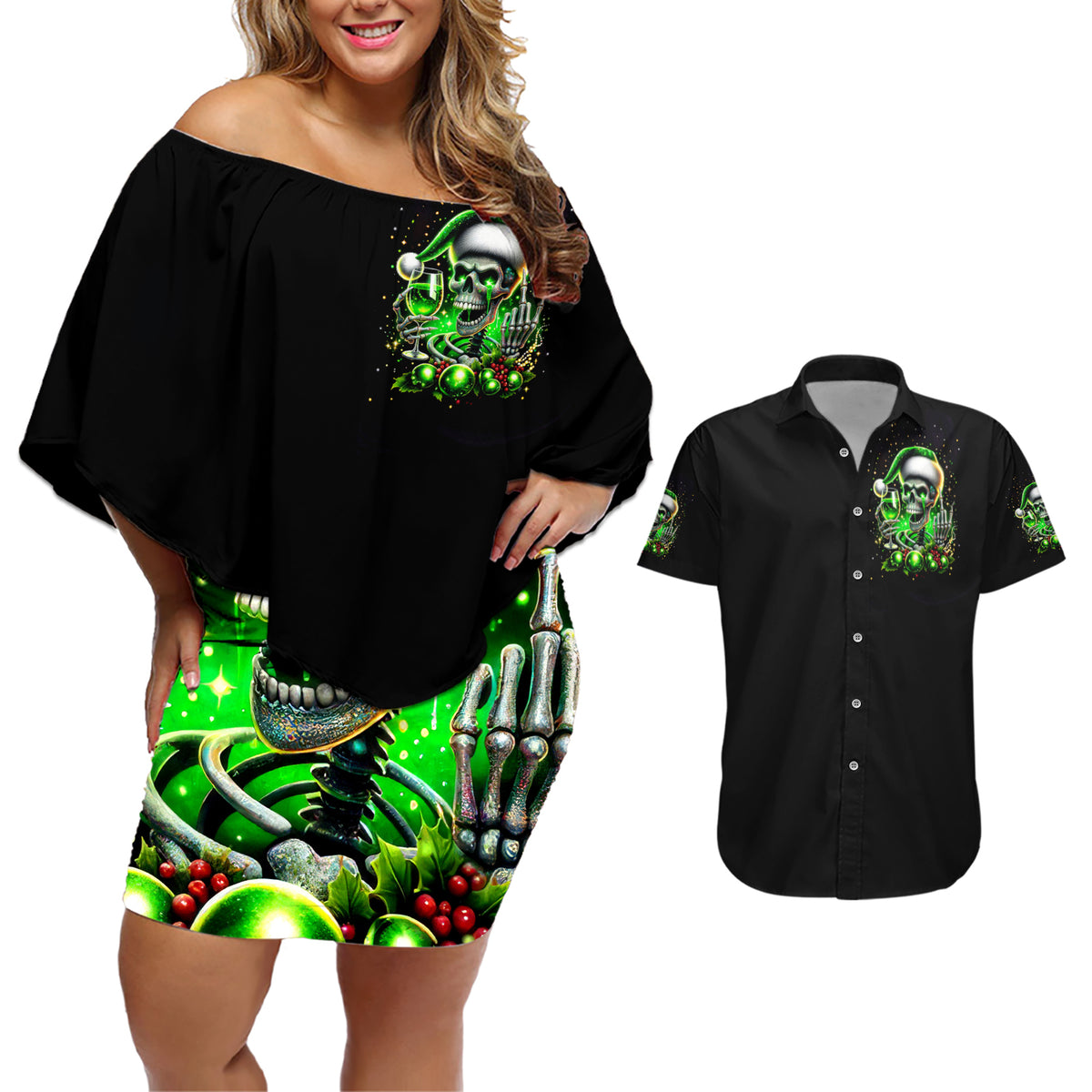 Christmas Skull Couples Matching Off Shoulder Short Dress and Hawaiian Shirt Drink Up Bitches - Wonder Print Shop