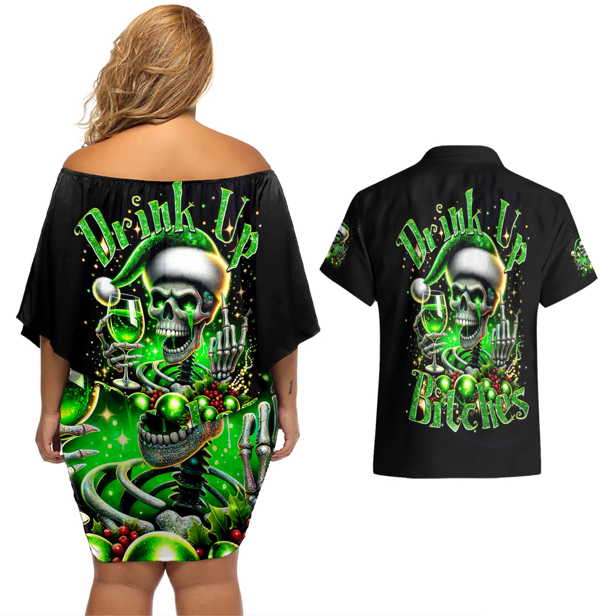 Christmas Skull Couples Matching Off Shoulder Short Dress and Hawaiian Shirt Drink Up Bitches - Wonder Print Shop