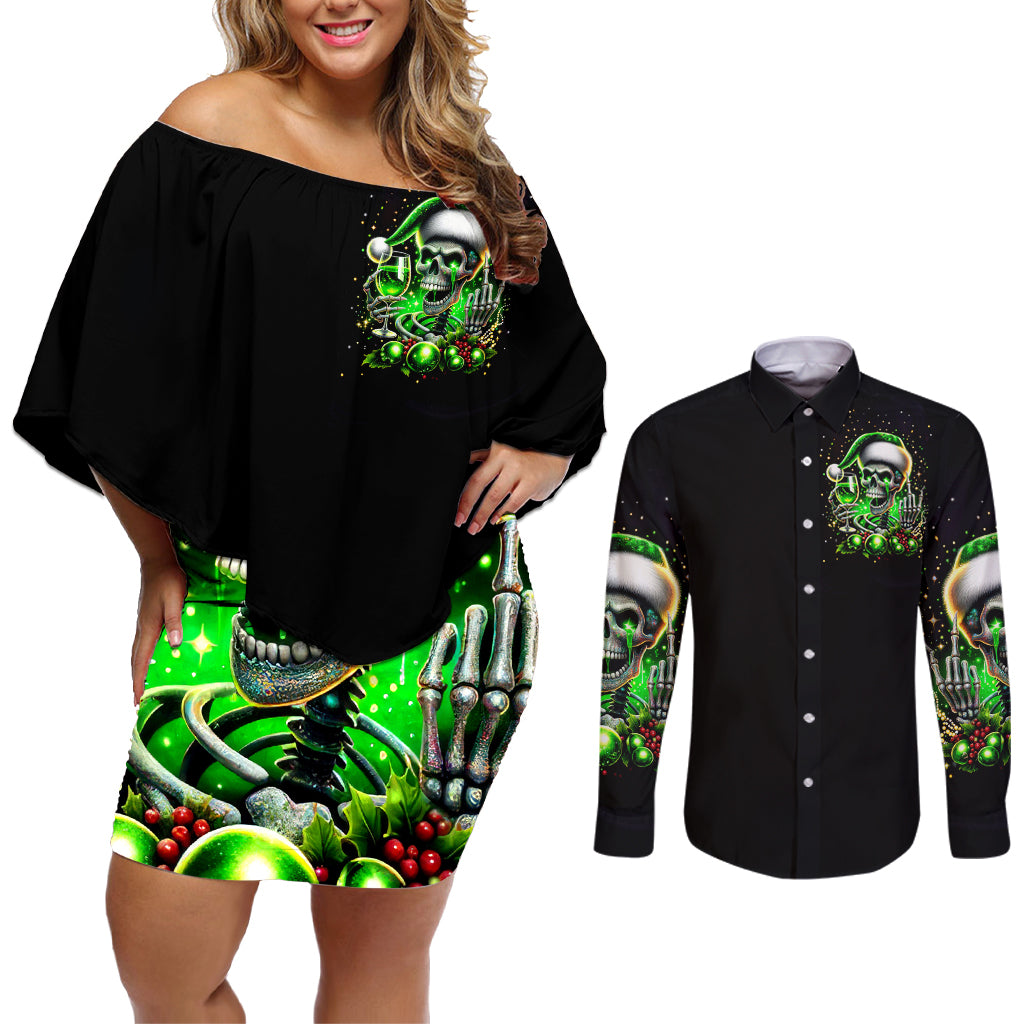 Christmas Skull Couples Matching Off Shoulder Short Dress and Long Sleeve Button Shirt Drink Up Bitches - Wonder Print Shop