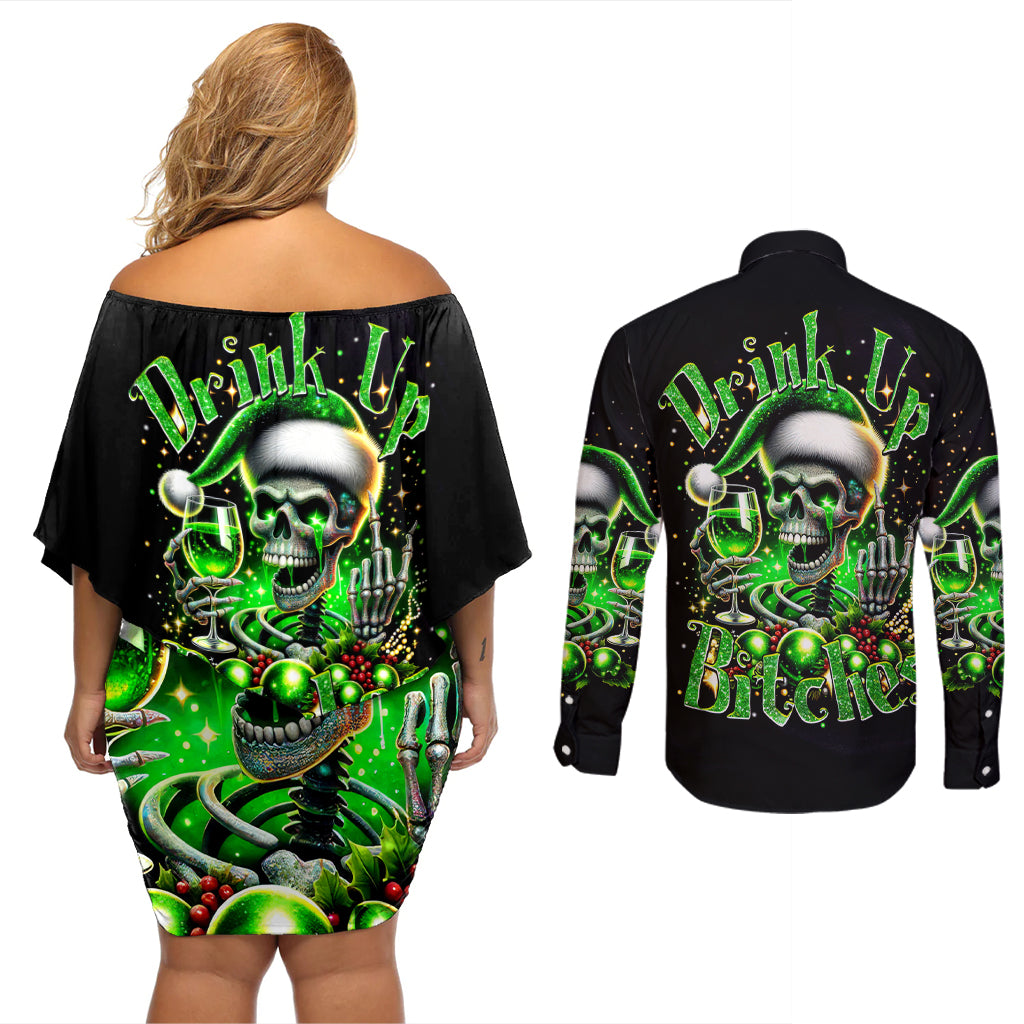 Christmas Skull Couples Matching Off Shoulder Short Dress and Long Sleeve Button Shirt Drink Up Bitches - Wonder Print Shop
