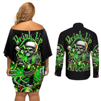 Christmas Skull Couples Matching Off Shoulder Short Dress and Long Sleeve Button Shirt Drink Up Bitches - Wonder Print Shop