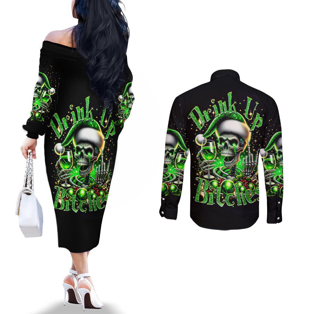 christmas-skull-couples-matching-off-the-shoulder-long-sleeve-dress-and-long-sleeve-button-shirt-drink-up-bitches