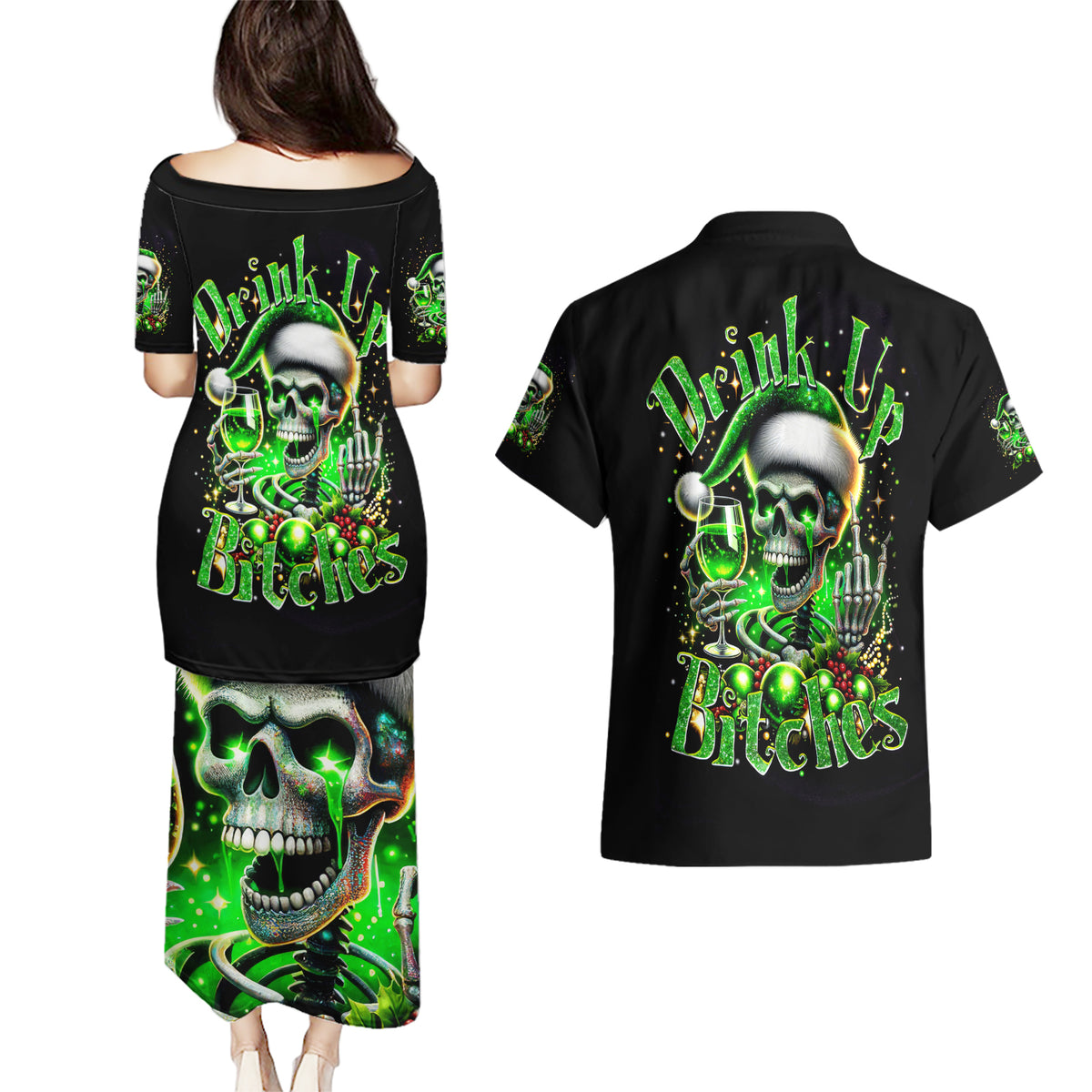 Christmas Skull Couples Matching Puletasi Dress and Hawaiian Shirt Drink Up Bitches - Wonder Print Shop