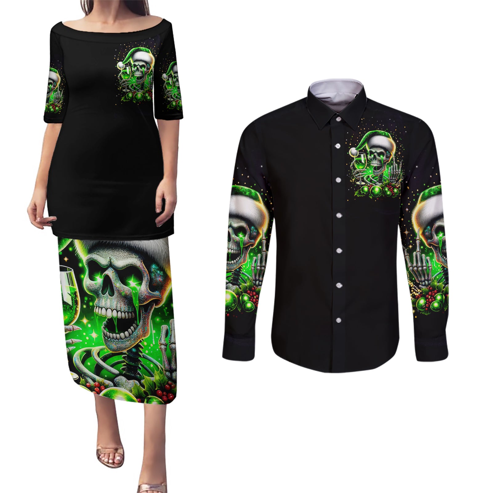 Christmas Skull Couples Matching Puletasi Dress and Long Sleeve Button Shirt Drink Up Bitches - Wonder Print Shop