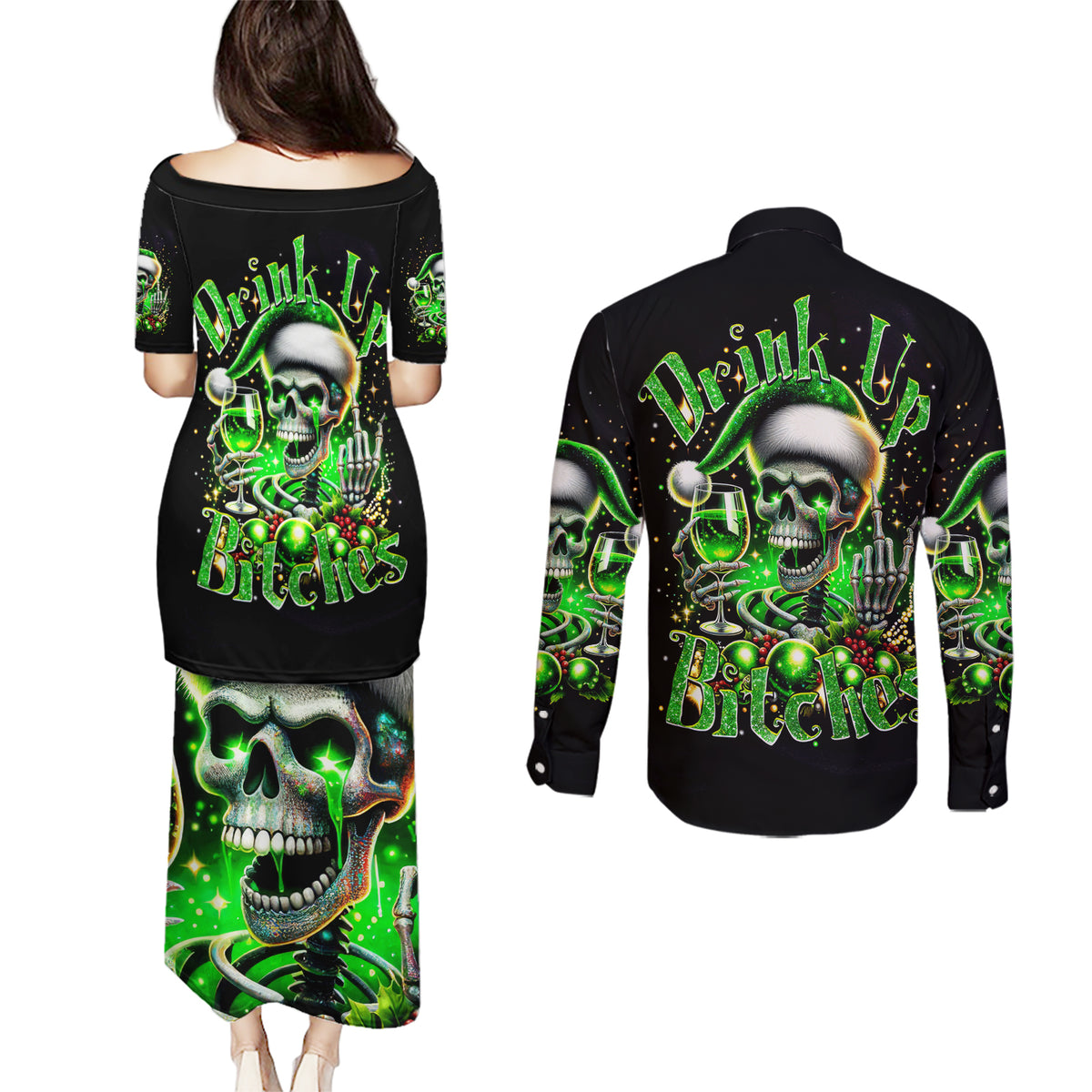 Christmas Skull Couples Matching Puletasi Dress and Long Sleeve Button Shirt Drink Up Bitches - Wonder Print Shop