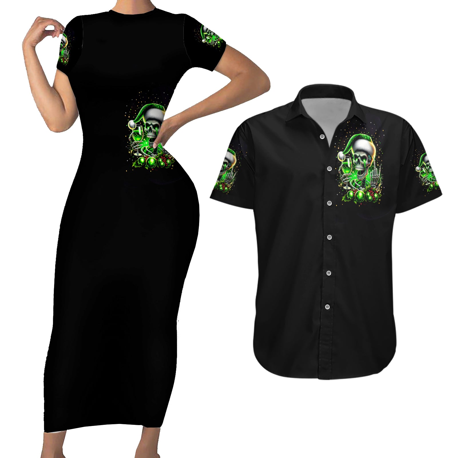 Christmas Skull Couples Matching Short Sleeve Bodycon Dress and Hawaiian Shirt Drink Up Bitches - Wonder Print Shop