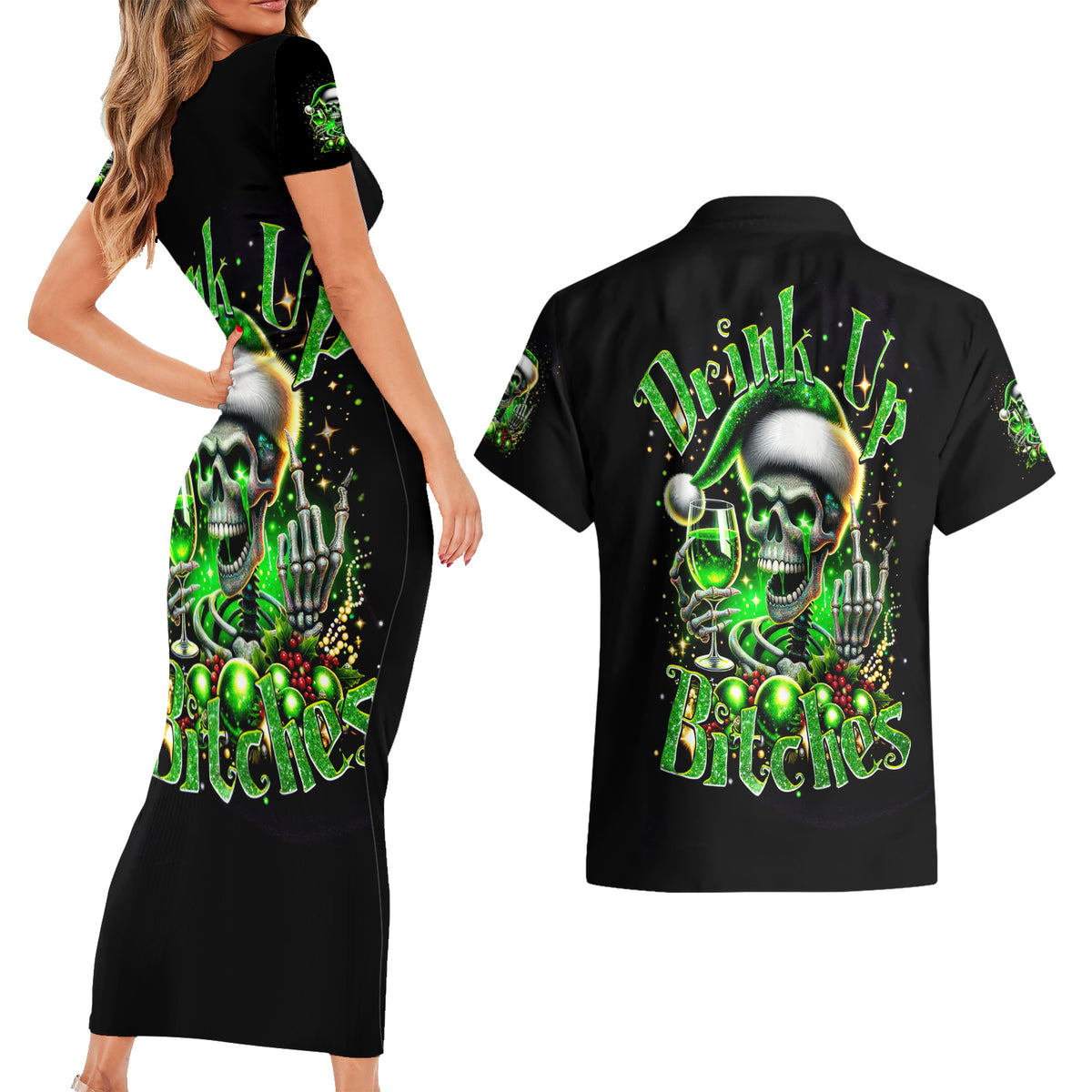 Christmas Skull Couples Matching Short Sleeve Bodycon Dress and Hawaiian Shirt Drink Up Bitches - Wonder Print Shop