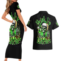 Christmas Skull Couples Matching Short Sleeve Bodycon Dress and Hawaiian Shirt Drink Up Bitches - Wonder Print Shop