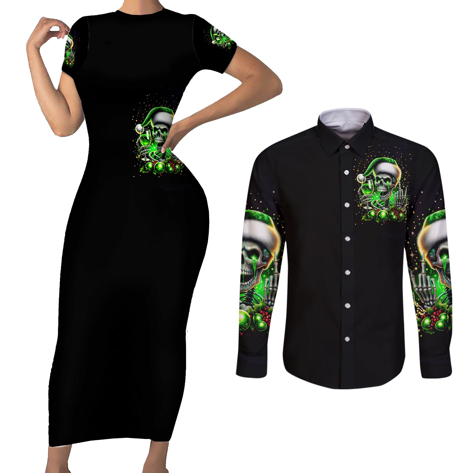 Christmas Skull Couples Matching Short Sleeve Bodycon Dress and Long Sleeve Button Shirt Drink Up Bitches - Wonder Print Shop