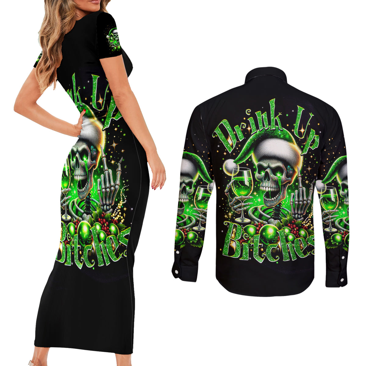 Christmas Skull Couples Matching Short Sleeve Bodycon Dress and Long Sleeve Button Shirt Drink Up Bitches - Wonder Print Shop