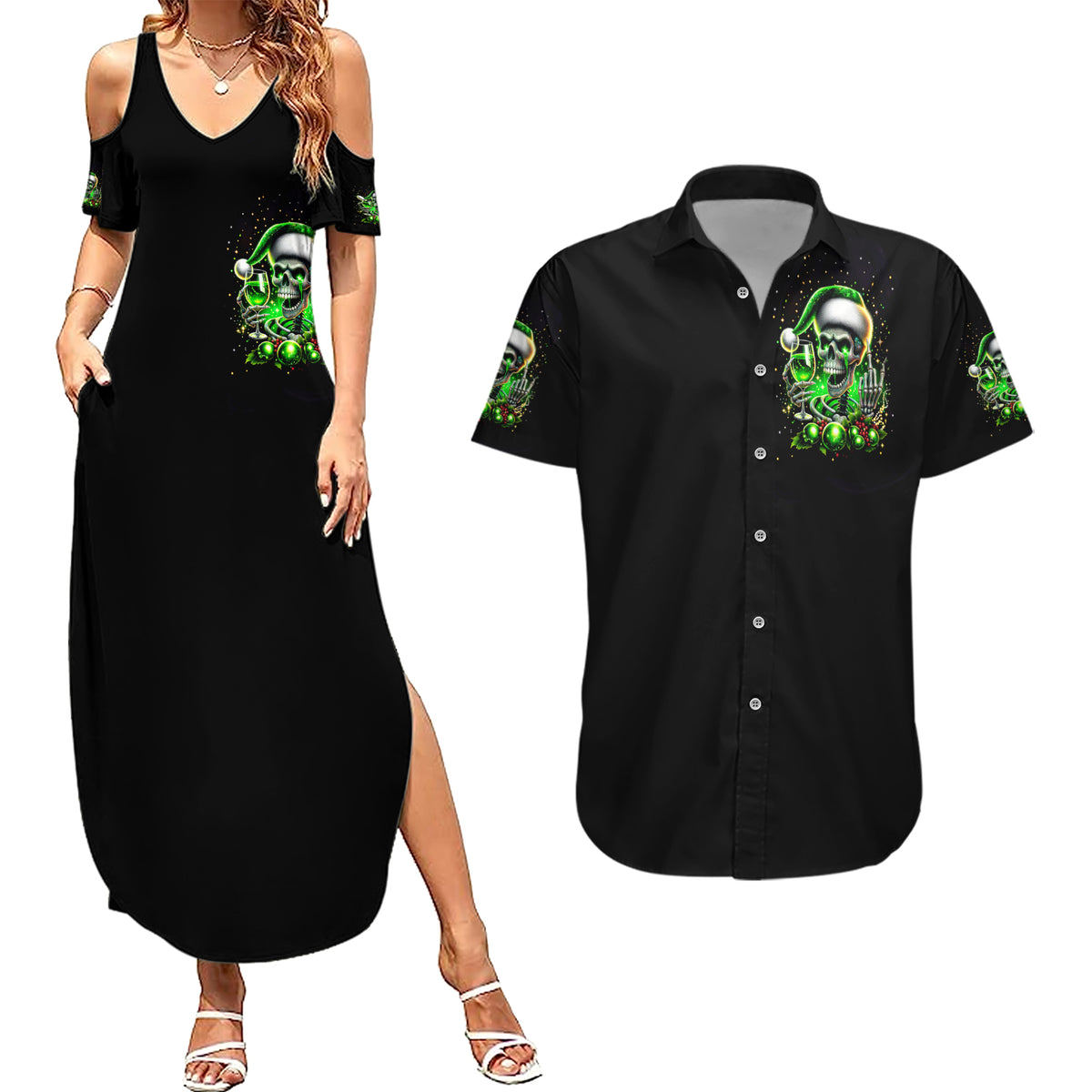 Christmas Skull Couples Matching Summer Maxi Dress and Hawaiian Shirt Drink Up Bitches - Wonder Print Shop