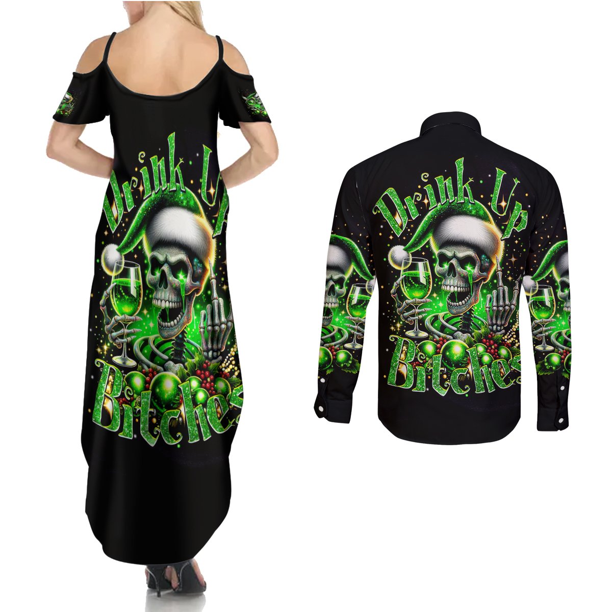 Christmas Skull Couples Matching Summer Maxi Dress and Long Sleeve Button Shirt Drink Up Bitches - Wonder Print Shop