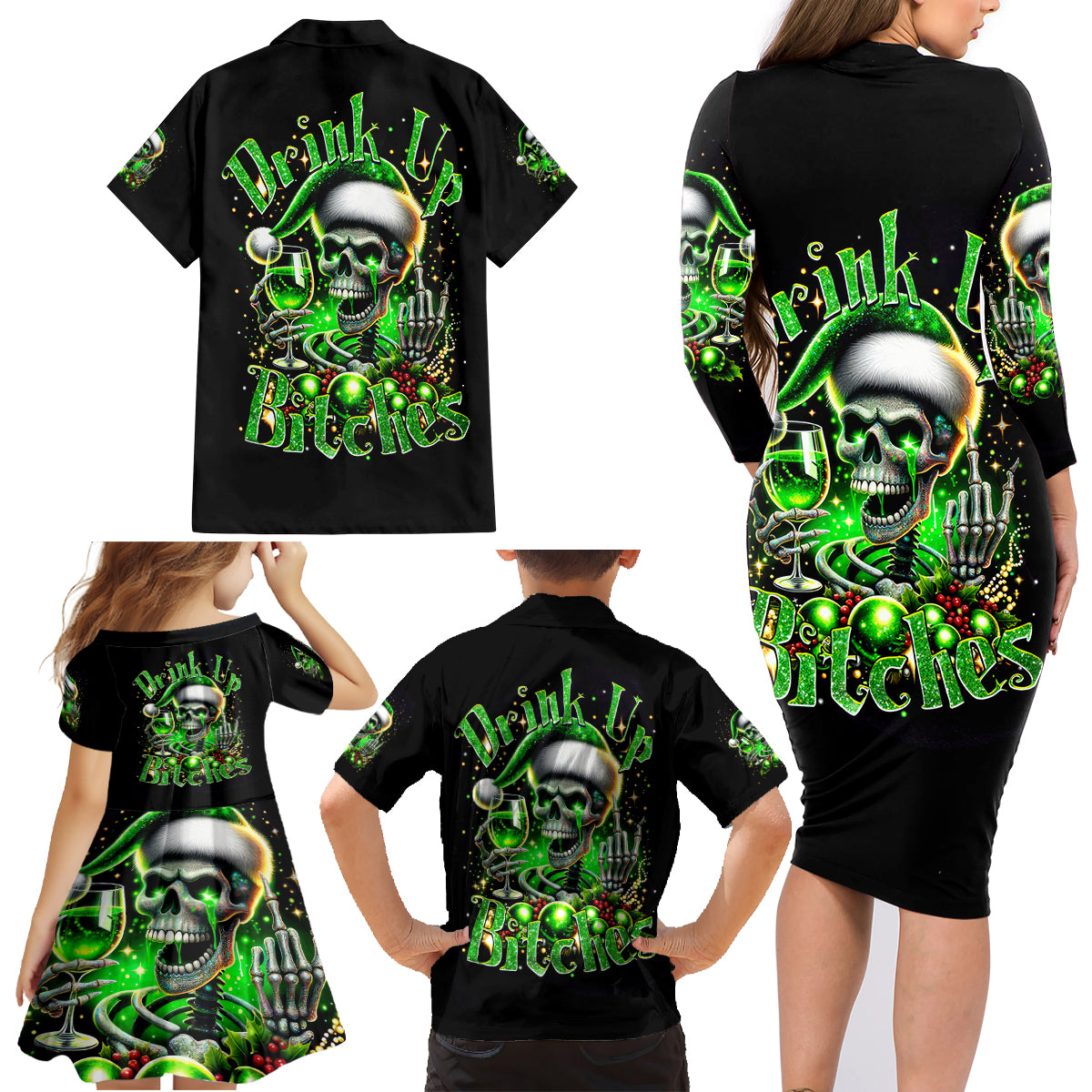 Christmas Skull Family Matching Long Sleeve Bodycon Dress and Hawaiian Shirt Drink Up Bitches - Wonder Print Shop