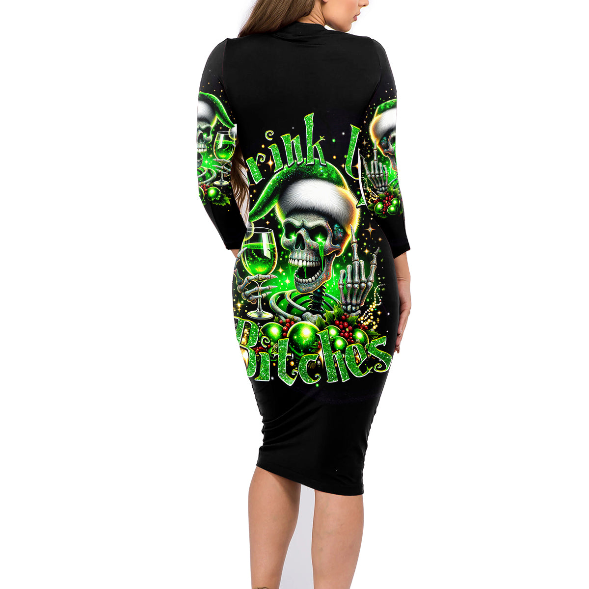Christmas Skull Family Matching Long Sleeve Bodycon Dress and Hawaiian Shirt Drink Up Bitches - Wonder Print Shop
