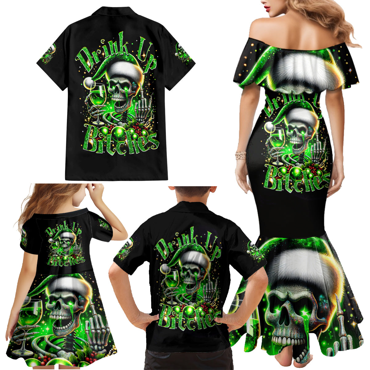 Christmas Skull Family Matching Mermaid Dress and Hawaiian Shirt Drink Up Bitches - Wonder Print Shop