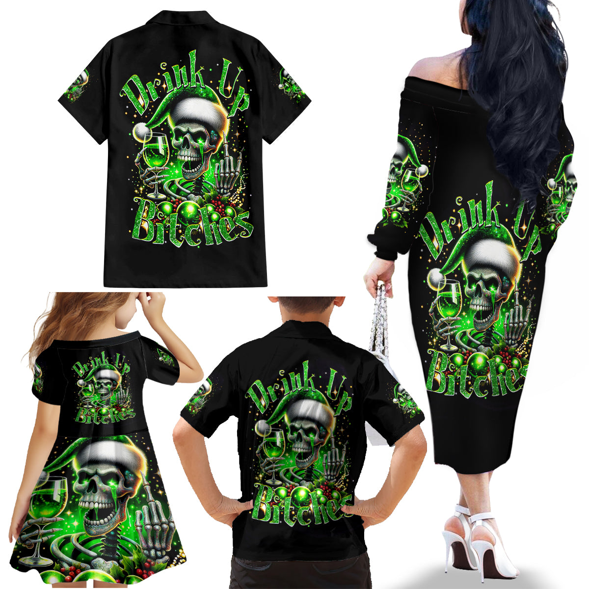 Christmas Skull Family Matching Off Shoulder Long Sleeve Dress and Hawaiian Shirt Drink Up Bitches - Wonder Print Shop