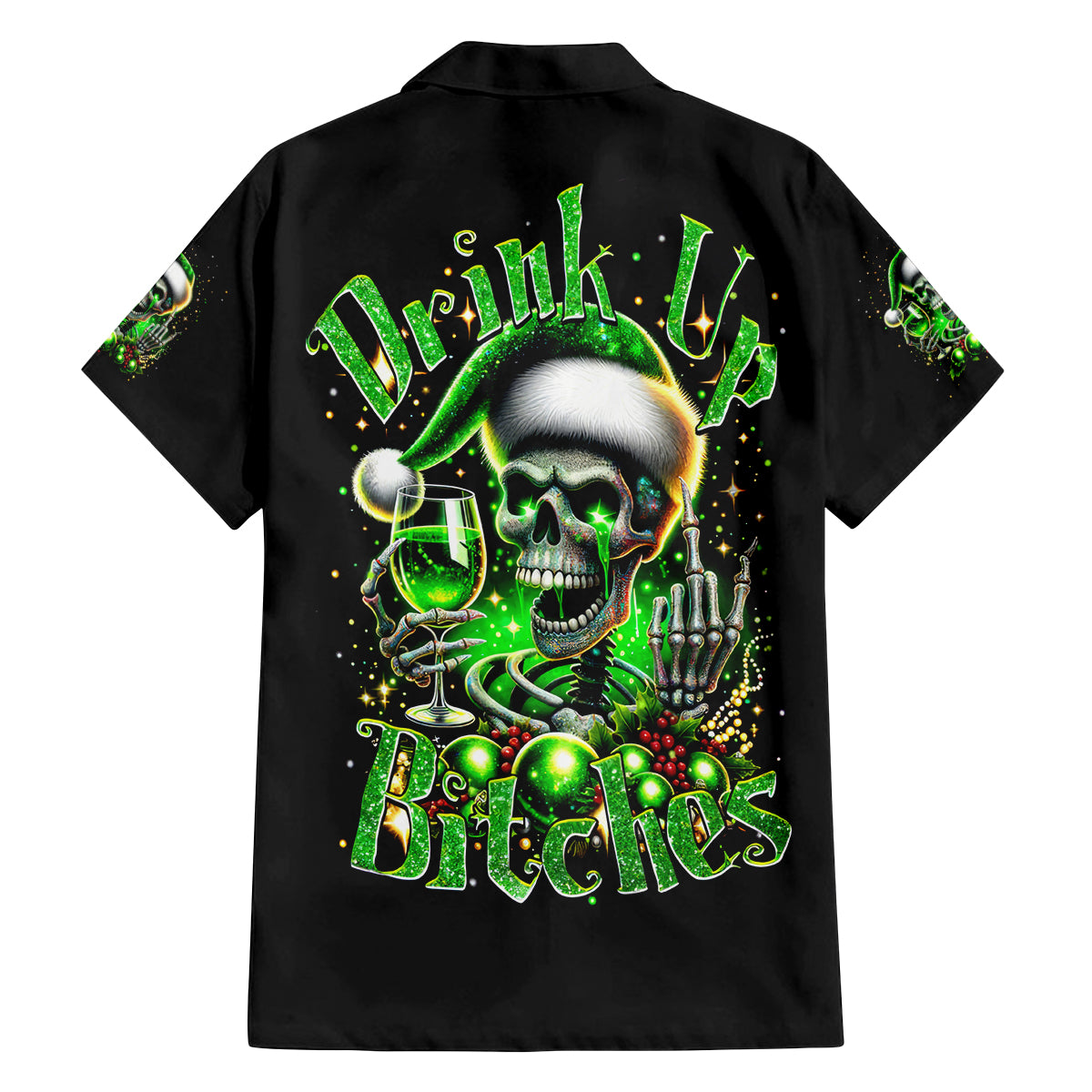 Christmas Skull Family Matching Off Shoulder Long Sleeve Dress and Hawaiian Shirt Drink Up Bitches - Wonder Print Shop