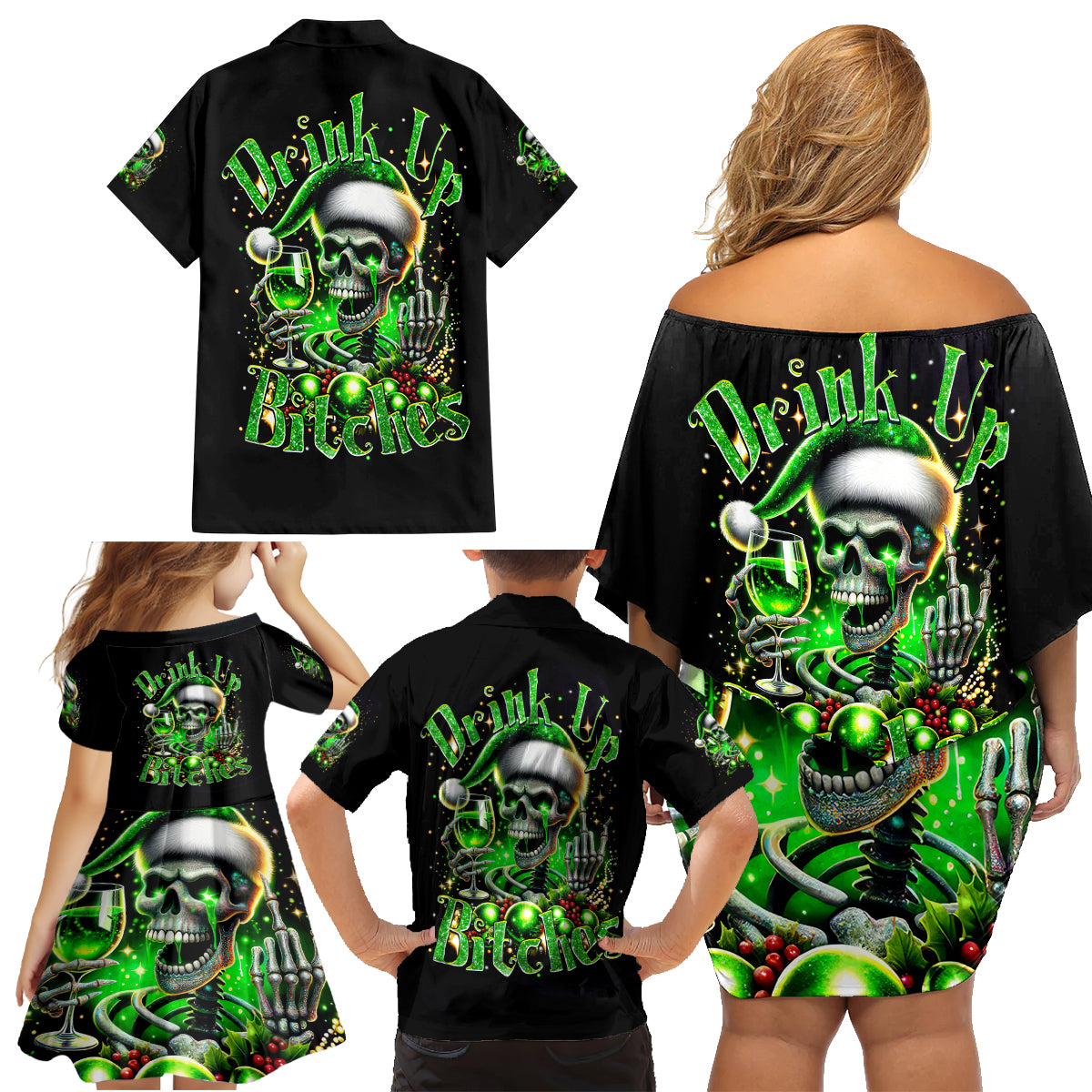 Christmas Skull Family Matching Off Shoulder Short Dress and Hawaiian Shirt Drink Up Bitches - Wonder Print Shop