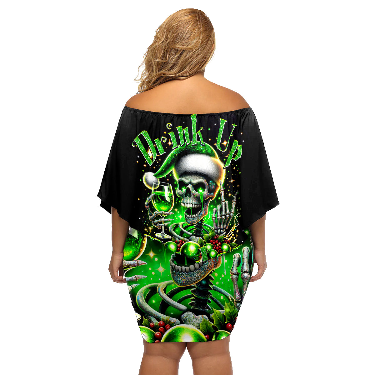 Christmas Skull Family Matching Off Shoulder Short Dress and Hawaiian Shirt Drink Up Bitches - Wonder Print Shop