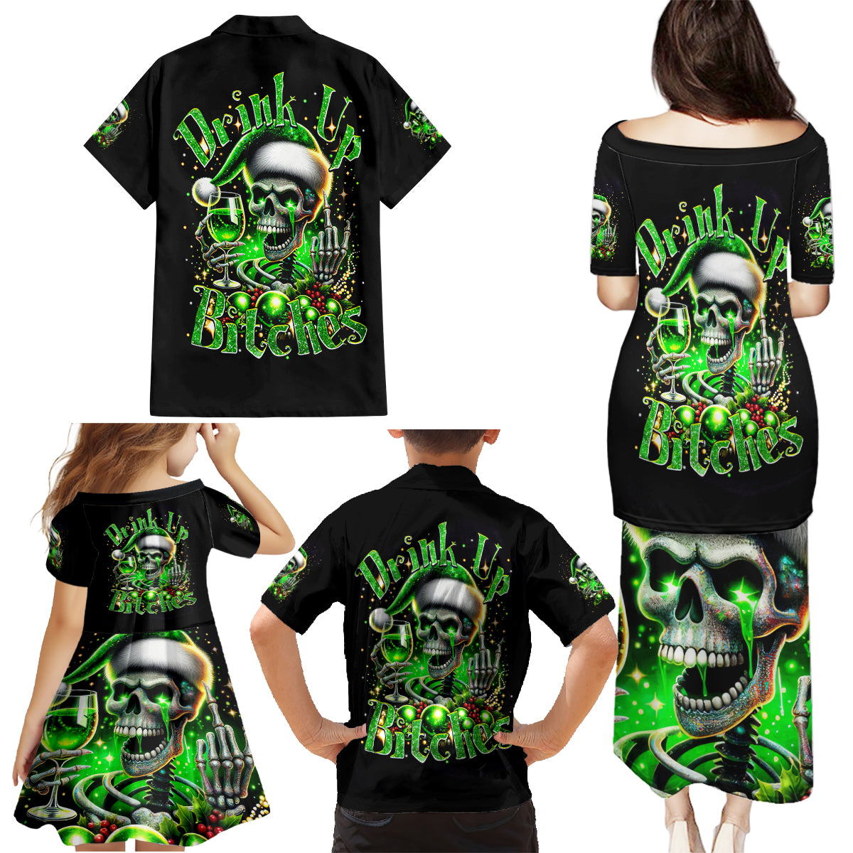 Christmas Skull Family Matching Puletasi Dress and Hawaiian Shirt Drink Up Bitches - Wonder Print Shop