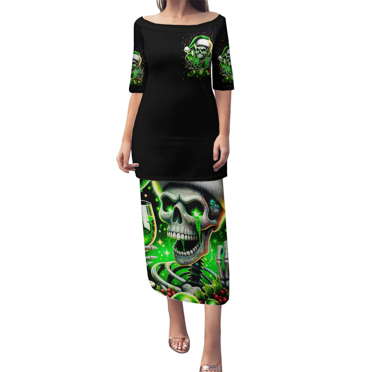 Christmas Skull Family Matching Puletasi Dress and Hawaiian Shirt Drink Up Bitches - Wonder Print Shop
