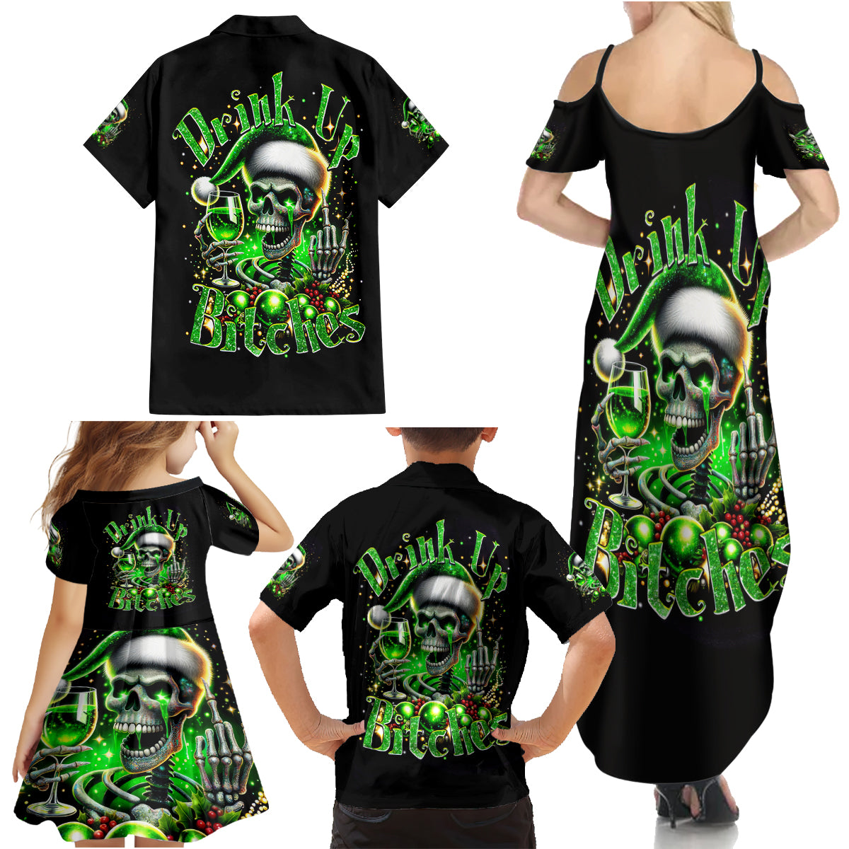 Christmas Skull Family Matching Summer Maxi Dress and Hawaiian Shirt Drink Up Bitches - Wonder Print Shop