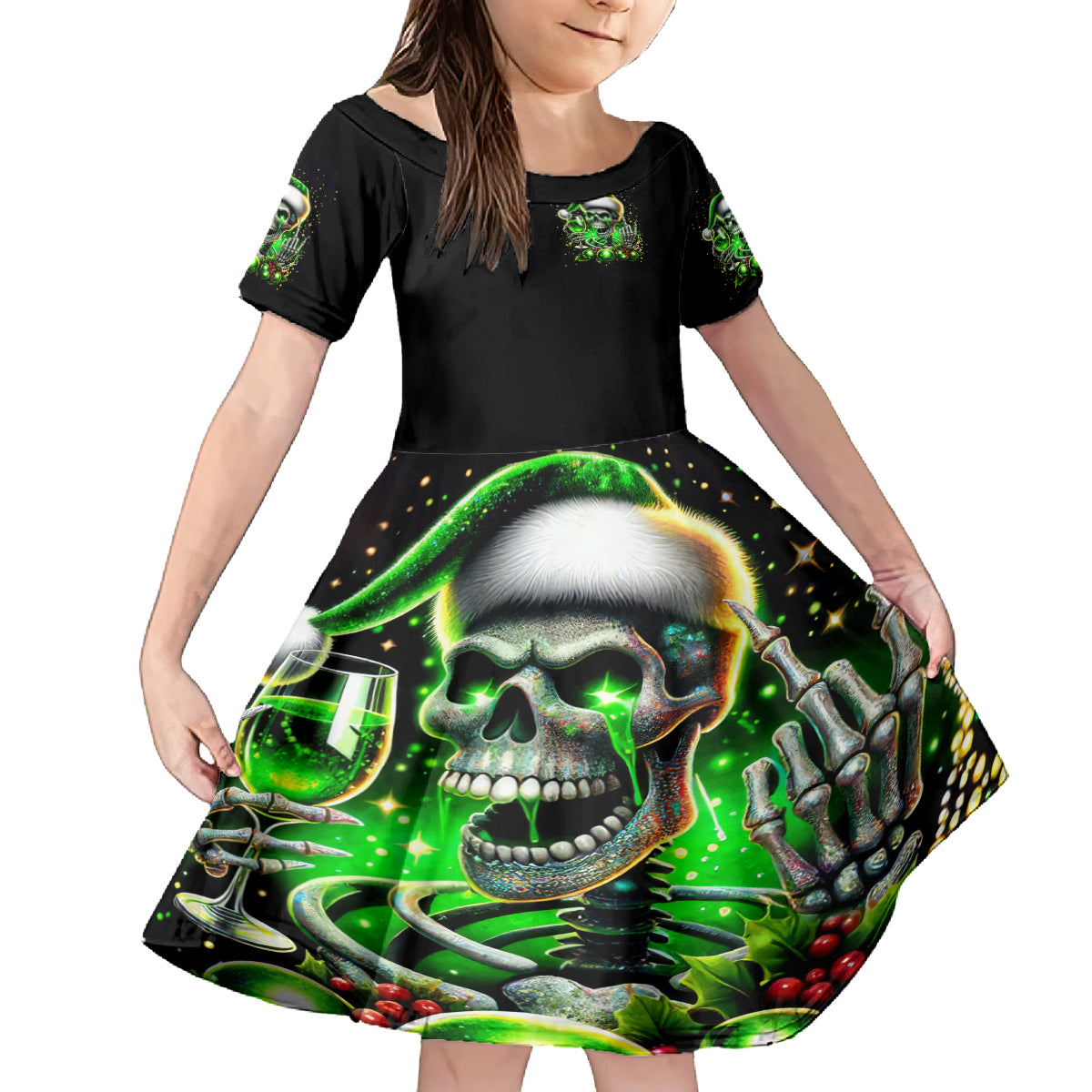 Christmas Skull Kid Short Sleeve Dress Drink Up Bitches - Wonder Print Shop