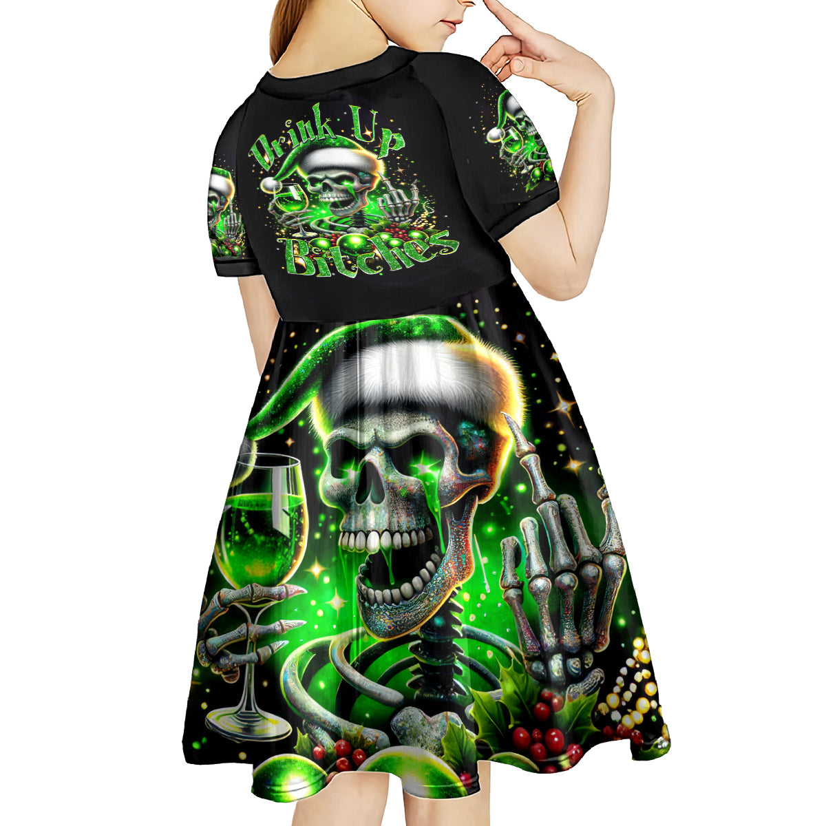 Christmas Skull Kid Short Sleeve Dress Drink Up Bitches - Wonder Print Shop