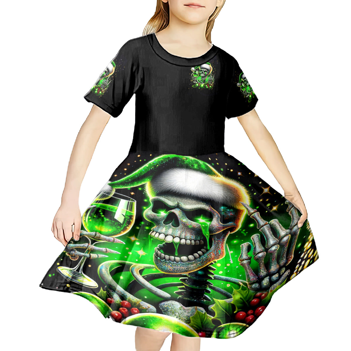 Christmas Skull Kid Short Sleeve Dress Drink Up Bitches - Wonder Print Shop