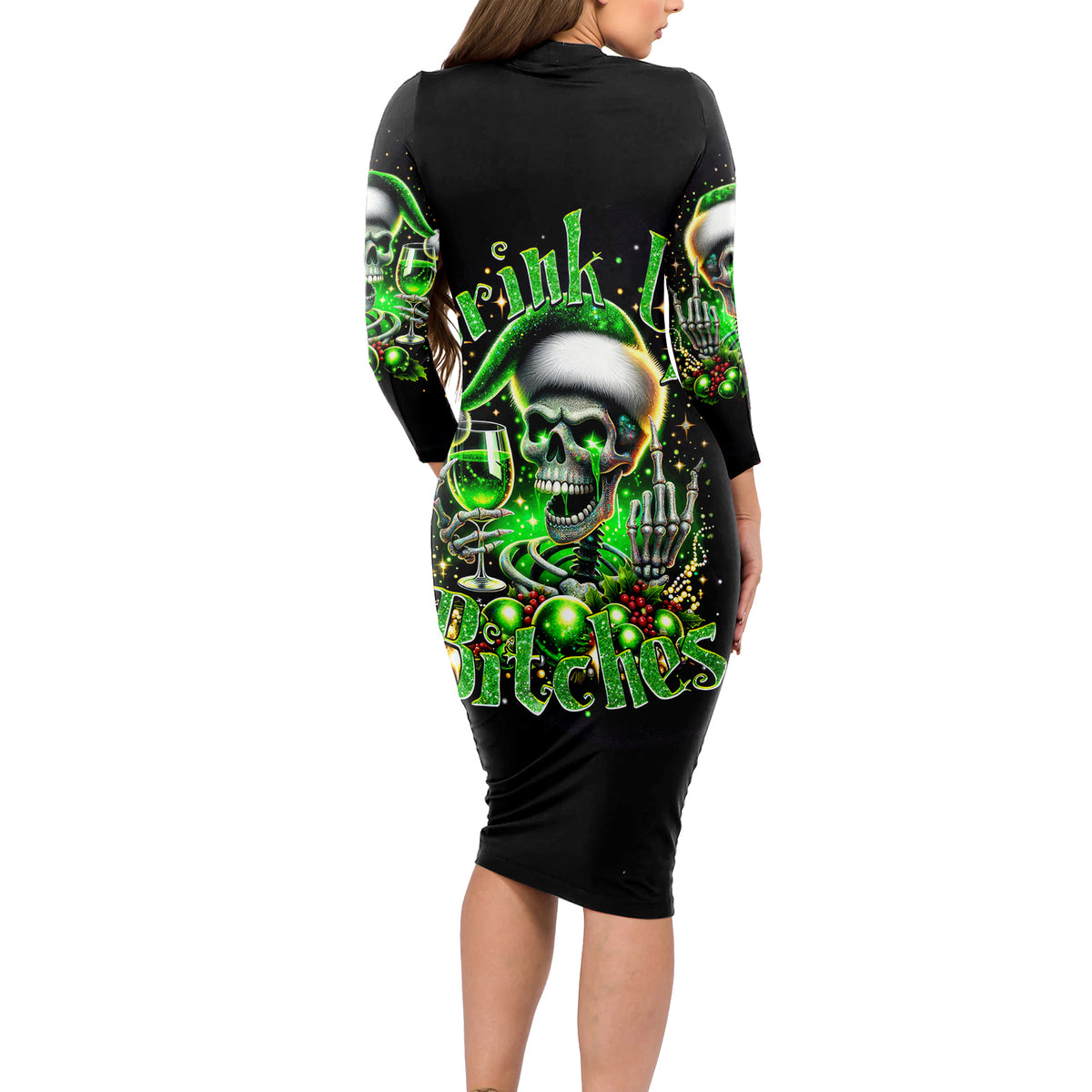 Christmas Skull Long Sleeve Bodycon Dress Drink Up Bitches - Wonder Print Shop