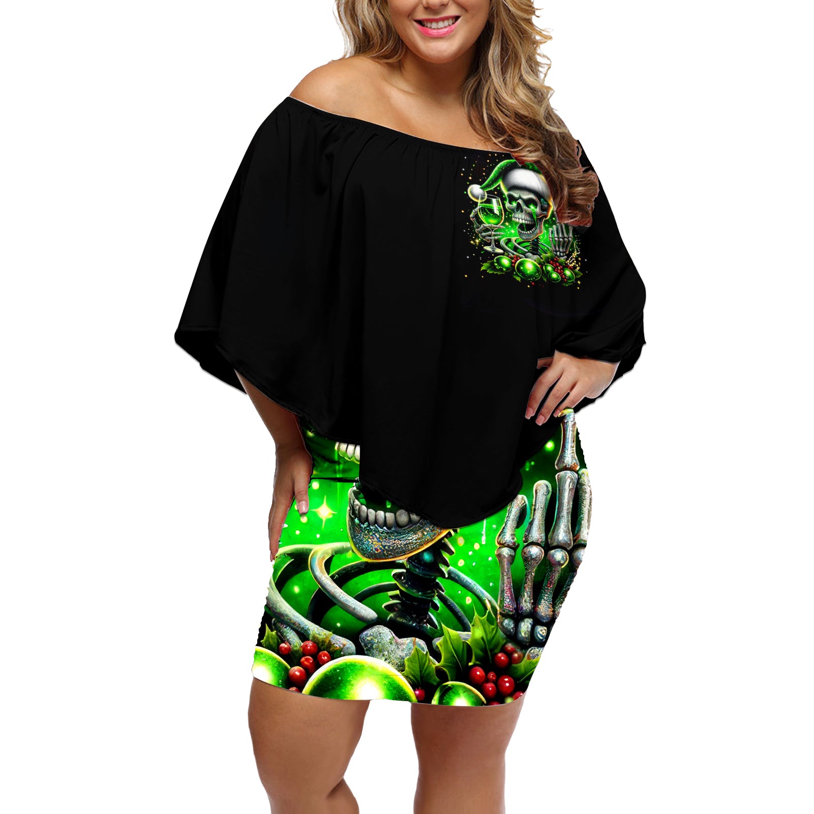 Christmas Skull Off Shoulder Short Dress Drink Up Bitches - Wonder Print Shop
