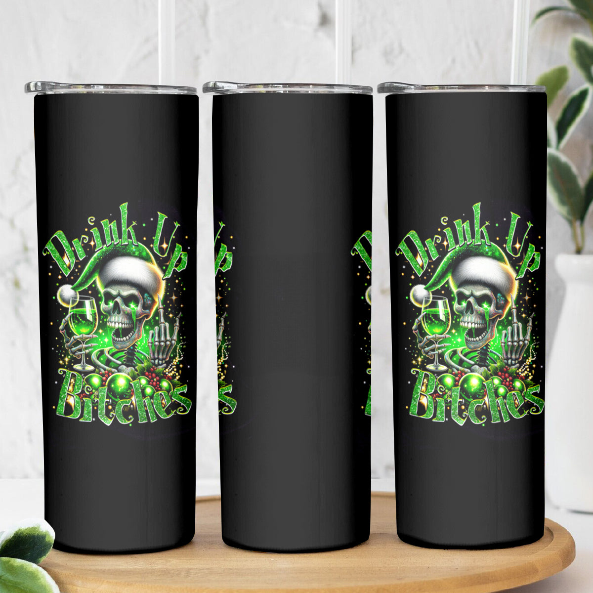 Christmas Skull Skinny Tumbler Drink Up Bitches - Wonder Print Shop