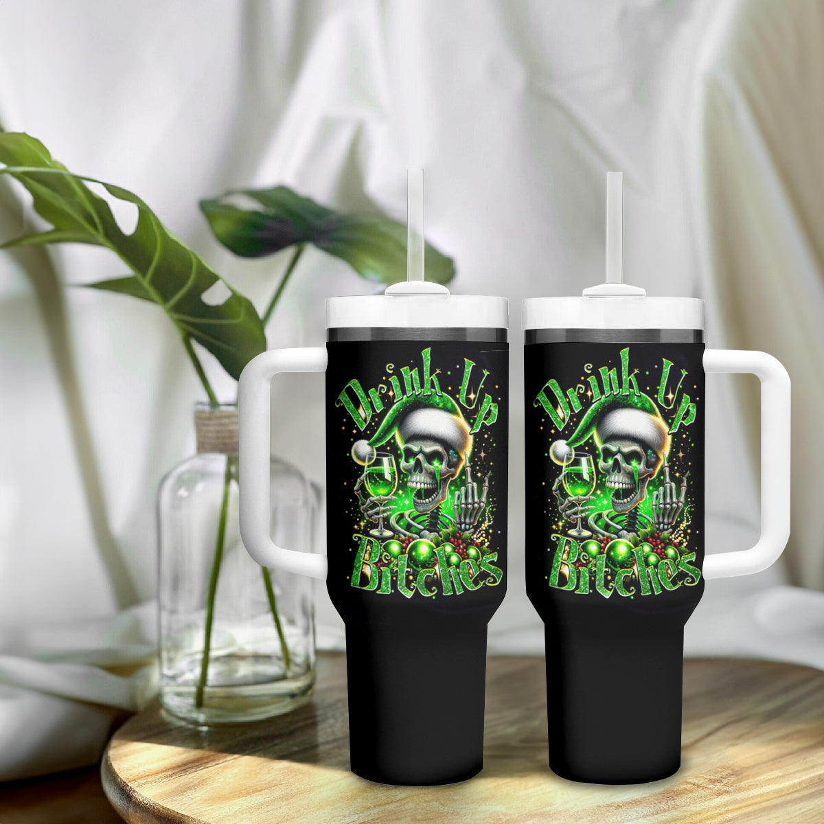 Christmas Skull Tumbler With Handle Drink Up Bitches - Wonder Print Shop
