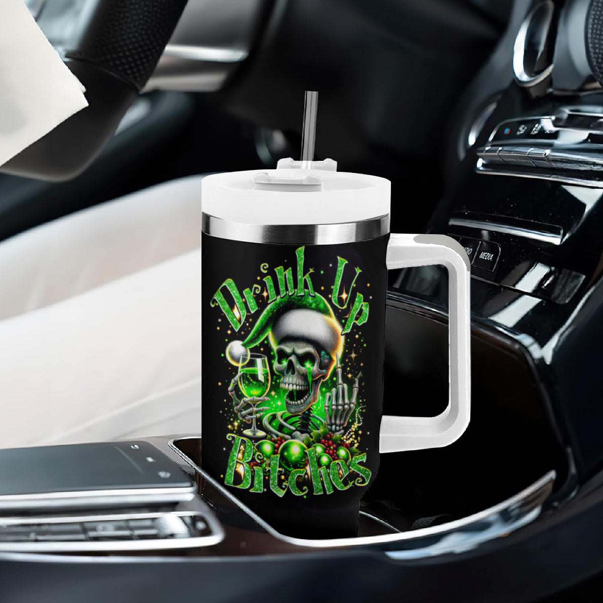 Christmas Skull Tumbler With Handle Drink Up Bitches - Wonder Print Shop