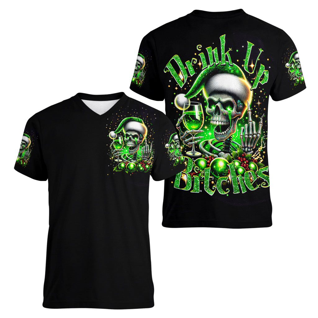 Christmas Skull Women V Neck T Shirt Drink Up Bitches - Wonder Print Shop