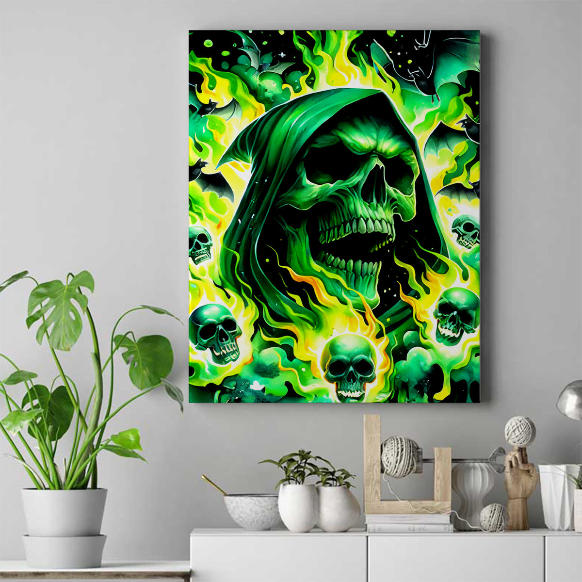 Flame Skull Canvas Wall Art Heaven Don't Want Me Hell Afraid I Take Over - Wonder Print Shop