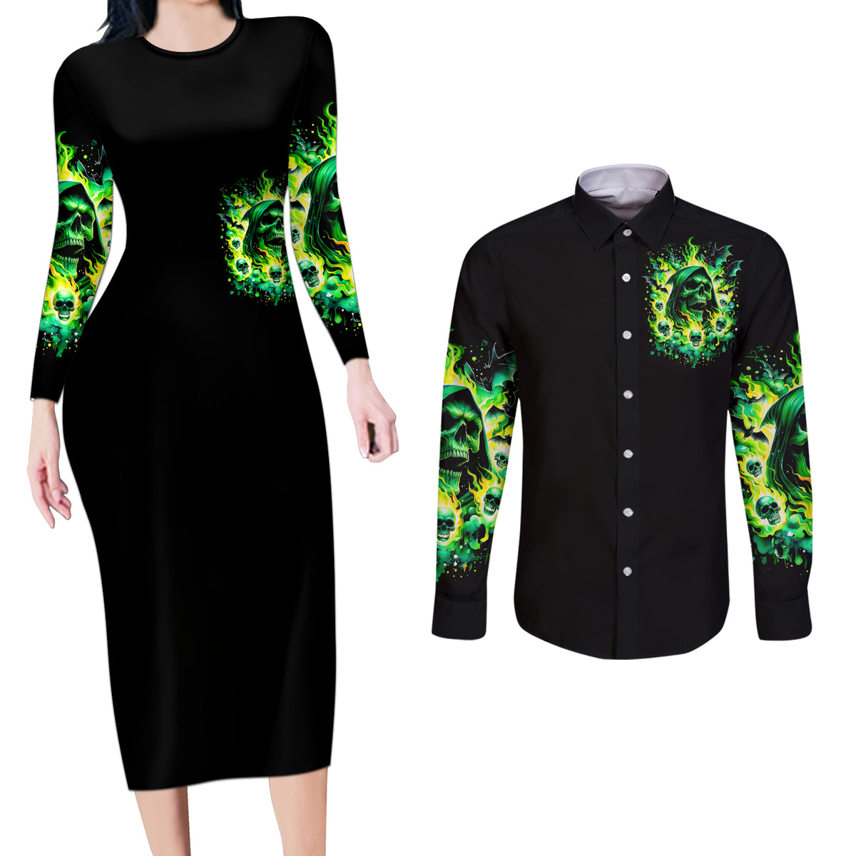Flame Skull Couples Matching Long Sleeve Bodycon Dress and Long Sleeve Button Shirt Heaven Don't Want Me Hell Afraid I Take Over - Wonder Print Shop