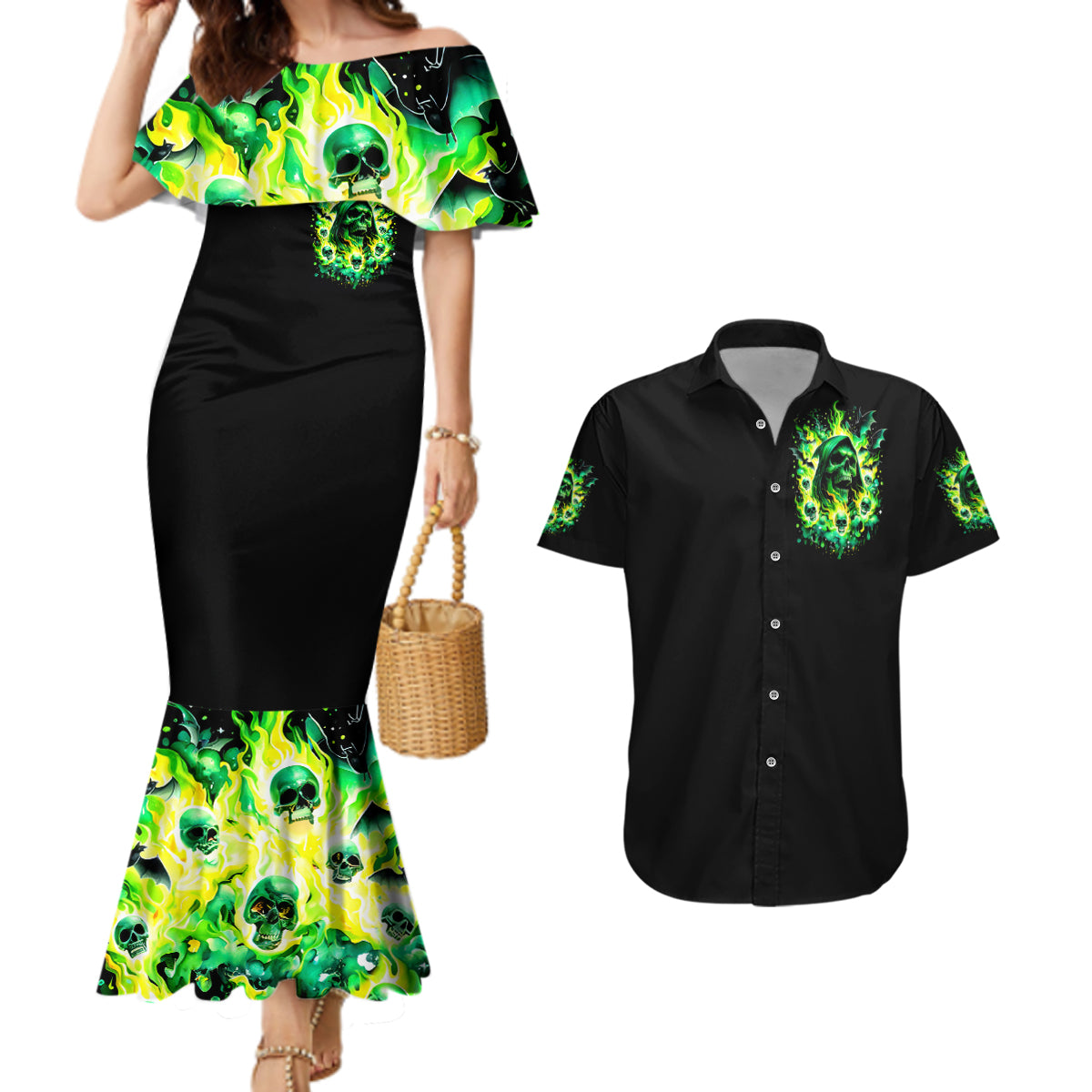 Flame Skull Couples Matching Mermaid Dress and Hawaiian Shirt Heaven Don't Want Me Hell Afraid I Take Over - Wonder Print Shop