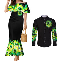 Flame Skull Couples Matching Mermaid Dress and Long Sleeve Button Shirt Heaven Don't Want Me Hell Afraid I Take Over DT01