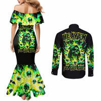 Flame Skull Couples Matching Mermaid Dress and Long Sleeve Button Shirt Heaven Don't Want Me Hell Afraid I Take Over DT01