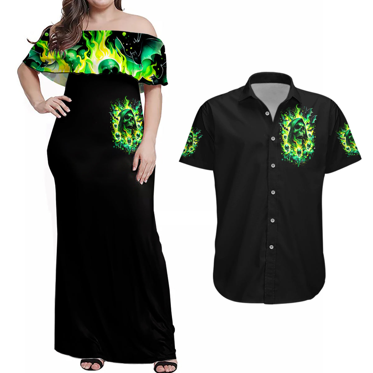 Flame Skull Couples Matching Off Shoulder Maxi Dress and Hawaiian Shirt Heaven Don't Want Me Hell Afraid I Take Over - Wonder Print Shop