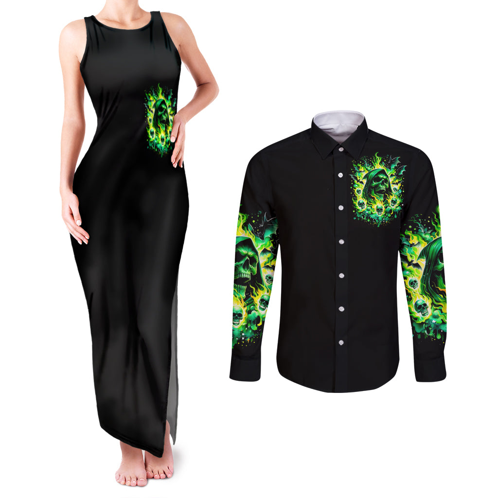 Flame Skull Couples Matching Tank Maxi Dress and Long Sleeve Button Shirt Heaven Don't Want Me Hell Afraid I Take Over - Wonder Print Shop
